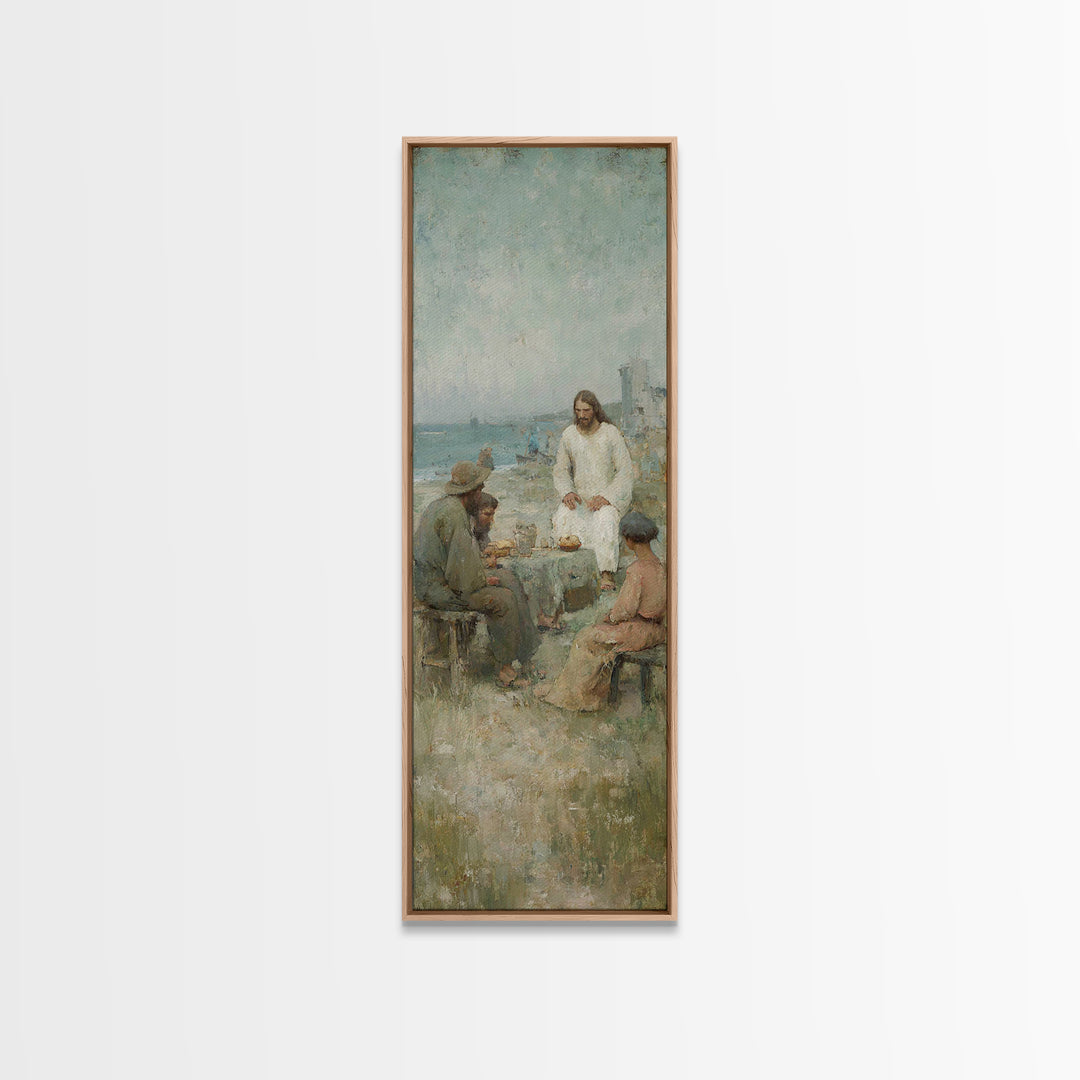 Shoreline Bread Blessing – Framed Canvas Print – Skinny Art – Christian Wall Art – Christian Art Canvas – Jesus Painting – Christmas Art –