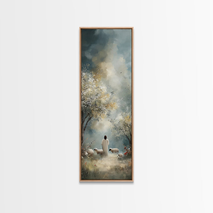 Pastoral Dawn Walk – Framed Canvas Print – Tall Skinny Art Print – Christian Wall Art – Christian Art Canvas – Jesus Painting – Christian C