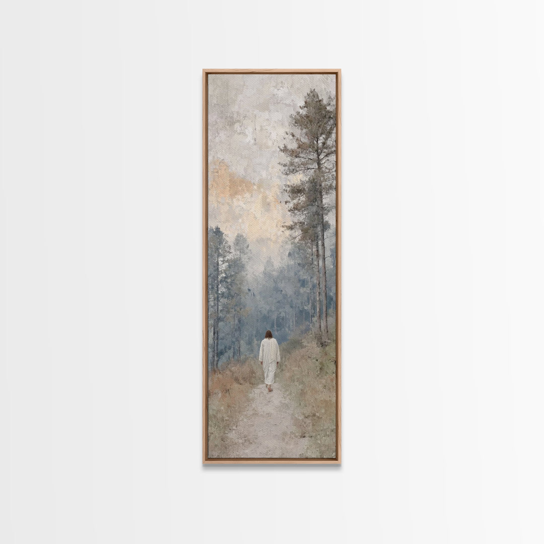 Forest Dawn Walk - Framed Canvas Print - Christian Art Canvas - Jesus Painting - Tall Skinny Art Print - Christian Wall Art