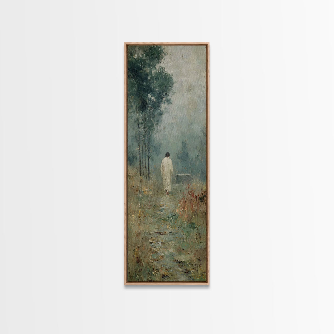 Quiet Meadow Walk, Framed Canvas Print, Christian Wall Art, Jesus Painting, Tall Skinny Art Print, Christian Art Canvas