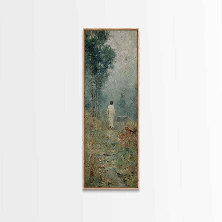 Quiet Meadow Walk, Framed Canvas Print, Christian Wall Art, Jesus Painting, Tall Skinny Art Print, Christian Art Canvas
