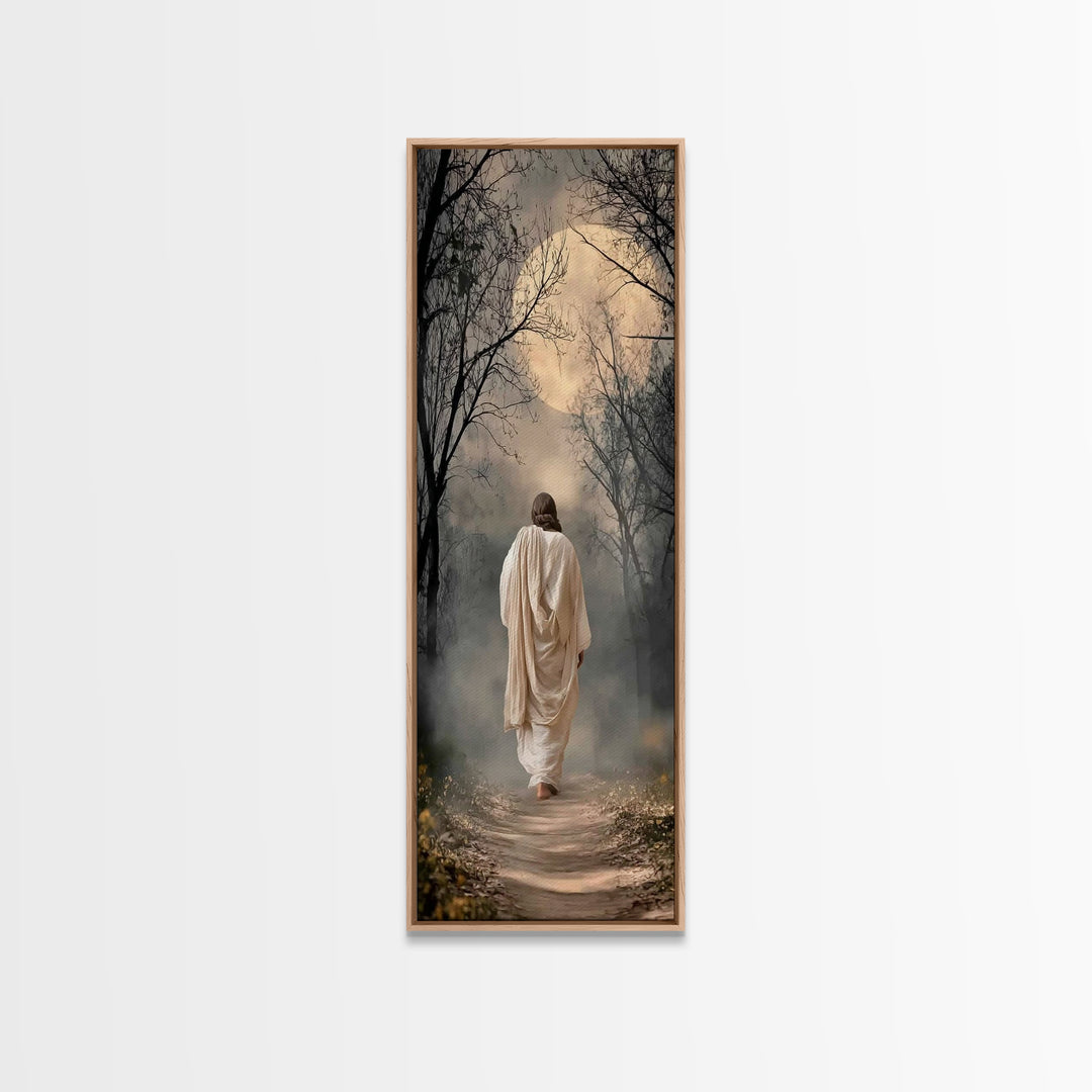 Moonlit Savior Path - Framed Canvas Print - Christian Wall Art - Jesus Painting - Tall Narrow Wall Art - Christian Art Canvas