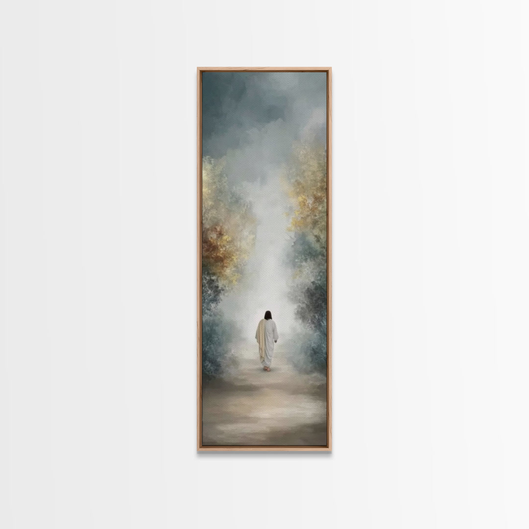 Soft Dawn Passage, Framed Canvas Print, Christian Wall Art, Jesus Painting, Tall Narrow Wall Art, Christian Art Canvas