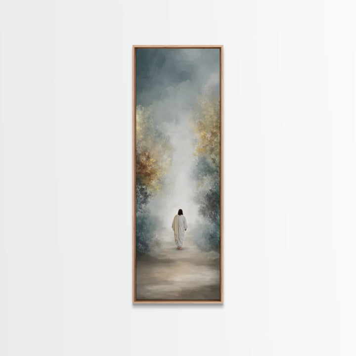 Soft Dawn Passage, Framed Canvas Print, Christian Wall Art, Jesus Painting, Tall Narrow Wall Art, Christian Art Canvas