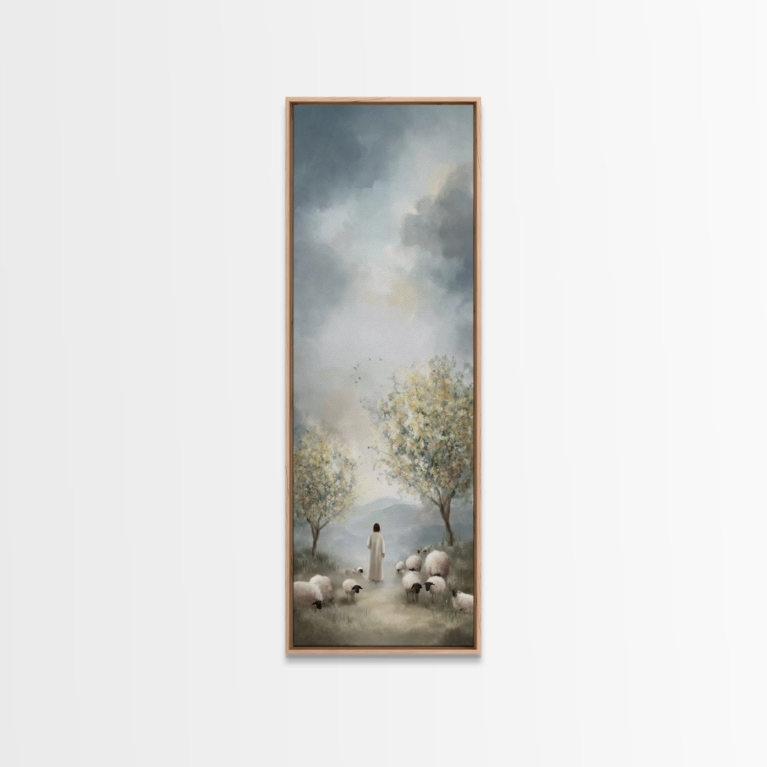 Peaceful Pasture Light – Framed Canvas Print – Tall Skinny Art Print – Christian Art Canvas – Christian Wall Art – Jesus Painting – Christi