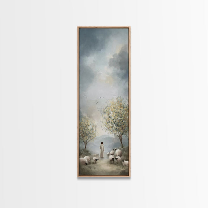 Peaceful Pasture Light – Framed Canvas Print – Tall Skinny Art Print – Christian Art Canvas – Christian Wall Art – Jesus Painting – Christi