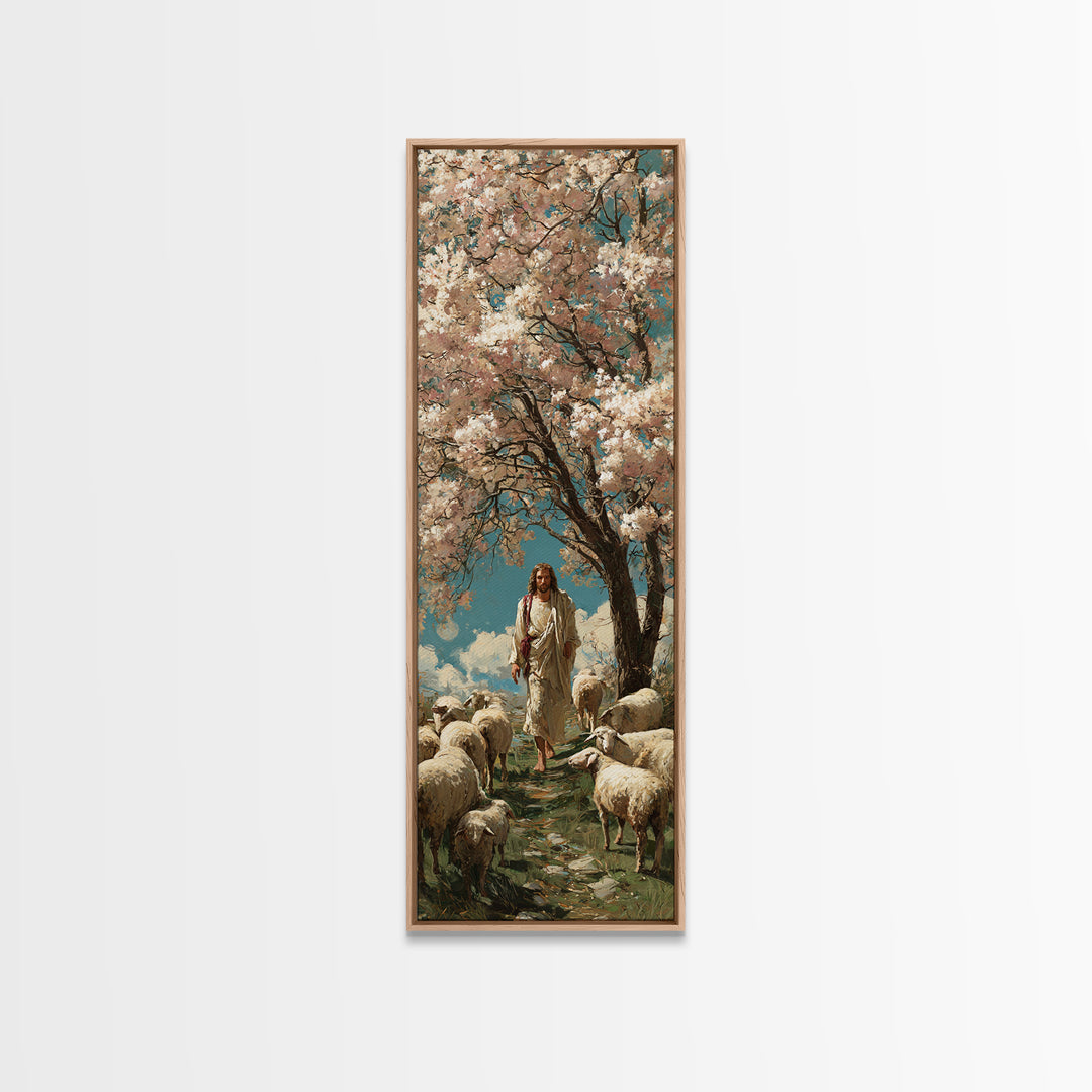 Garden Of The Shepherd – Framed Canvas Print – Narrow Art – Jesus Painting – Christian Wall Art – Christian Art Canvas – Christian Art