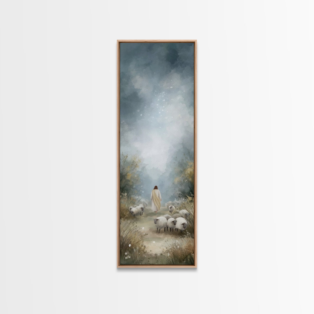 Heavenly Pasture Light, Framed Canvas Print, Tall Skinny Art Print, Christian Art Canvas, Christian Wall Art, Jesus Painting, Christmas Art