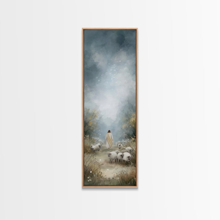 Heavenly Pasture Light, Framed Canvas Print, Tall Skinny Art Print, Christian Art Canvas, Christian Wall Art, Jesus Painting, Christmas Art