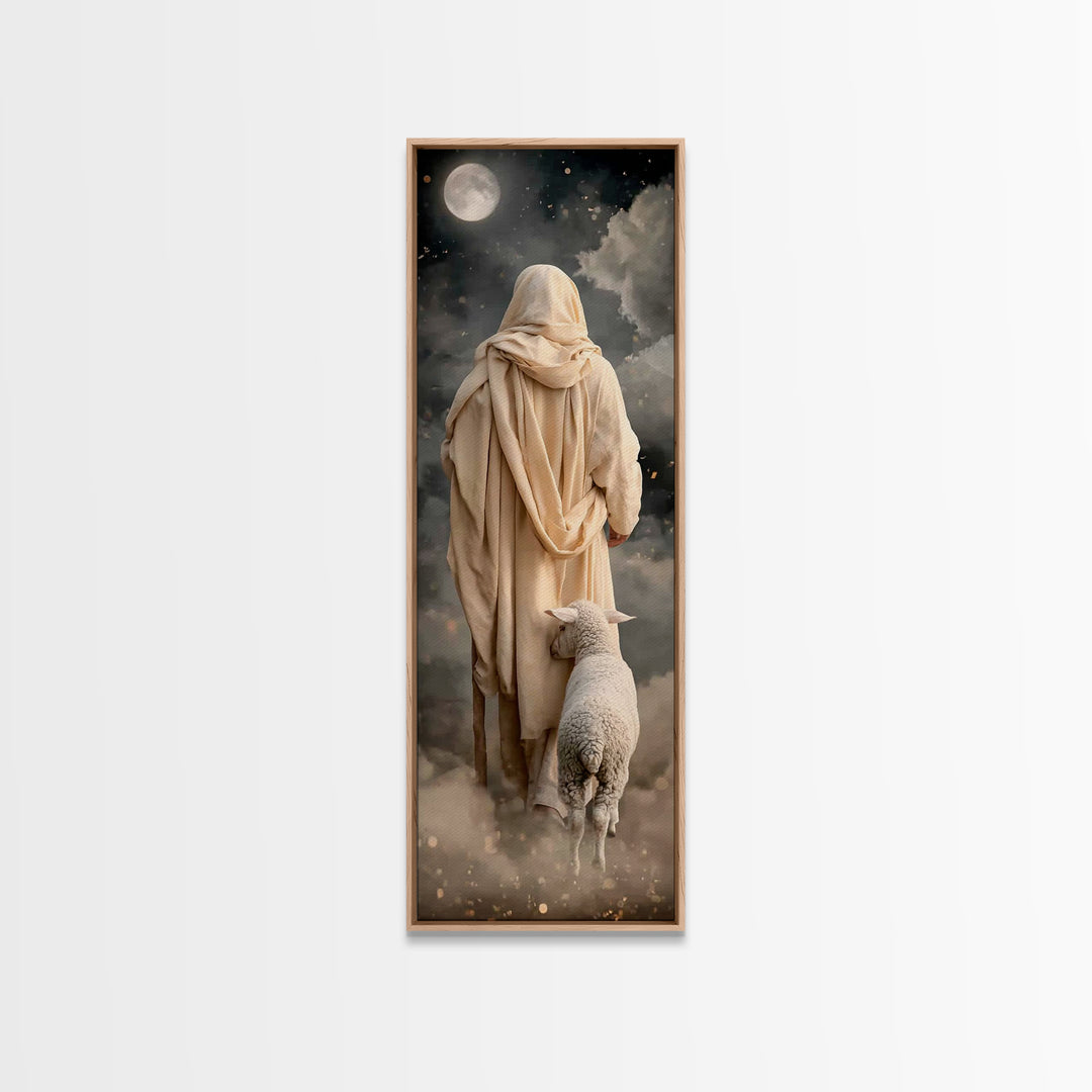 Moonlit Shepherd Walk | Framed Canvas Print | Narrow Art | Christian Wall Art | Jesus Painting | Christian Art Canvas | Christian Art