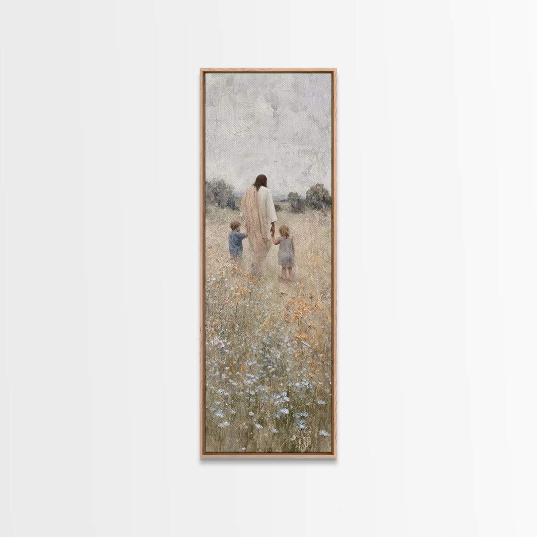 The Meadow Shepherd's Peace - Framed Canvas Print - Tall Narrow Wall Art - Christian Wall Art - Jesus Painting - Christian Art Canvas
