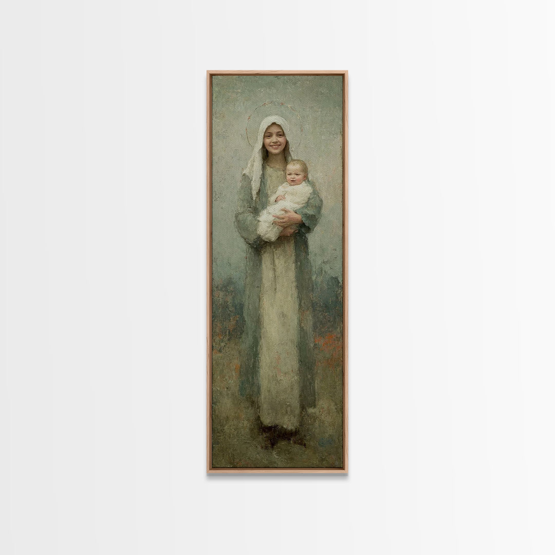 Gentle Embrace Light | Framed Canvas Print | Skinny Art | Christian Art Canvas | Christian Wall Art | Christian Christmas Art | Jesus Art