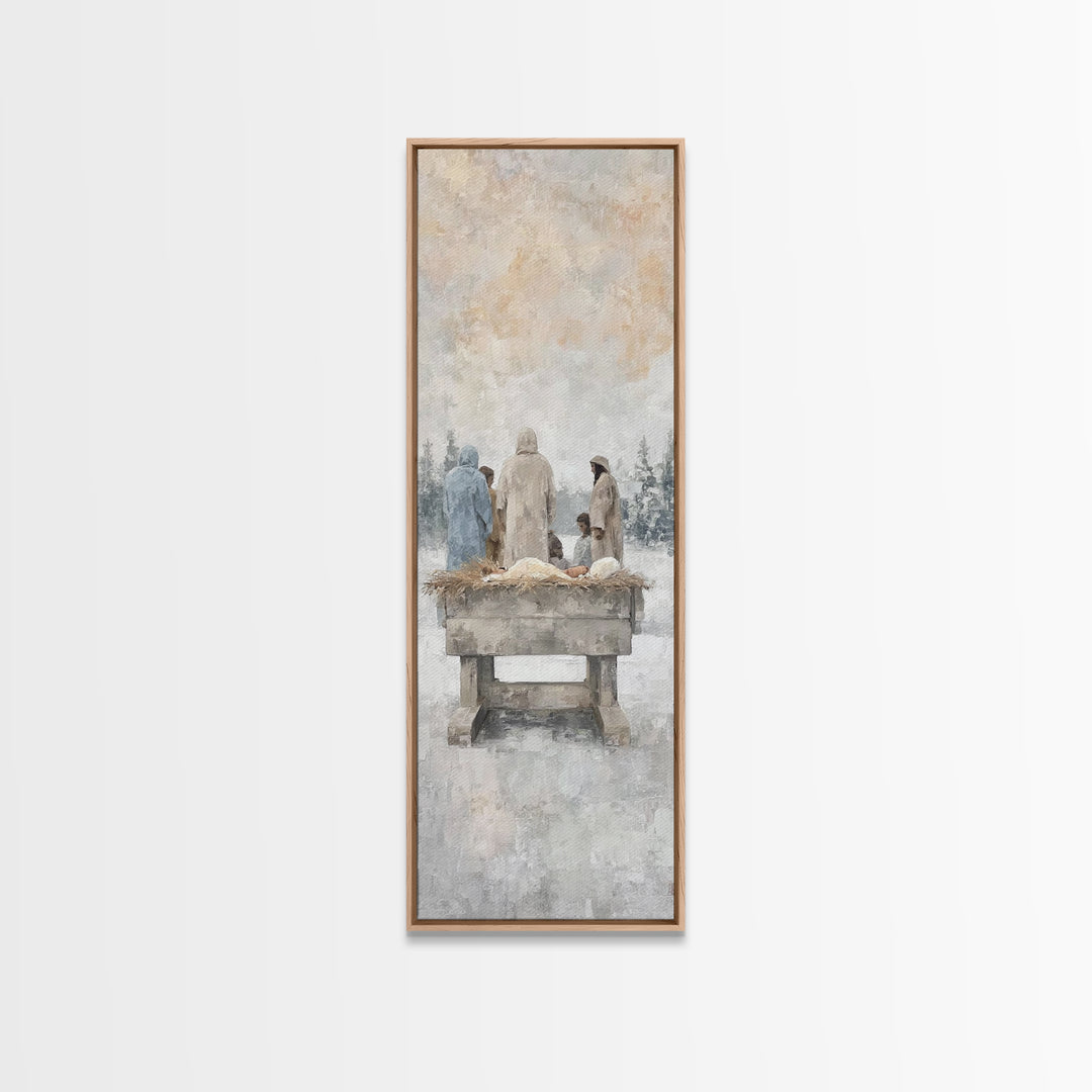 Winter Manger Gathering – Framed Canvas Print – Tall Skinny Art Print – Christian Wall Art – Jesus Painting – Christmas Art – Christian Dec