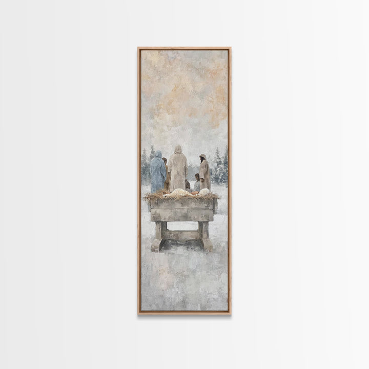 Winter Manger Gathering – Framed Canvas Print – Tall Skinny Art Print – Christian Wall Art – Jesus Painting – Christmas Art – Christian Dec