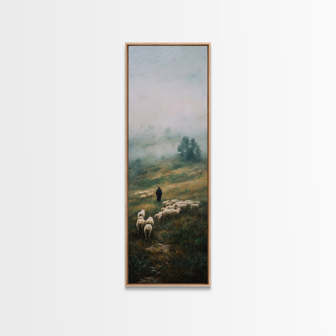 Morning Shepherd Path – Framed Canvas Print – Tall Narrow Wall Art – Christian Art – Jesus Painting – Christian Wall Art – Christian Decor