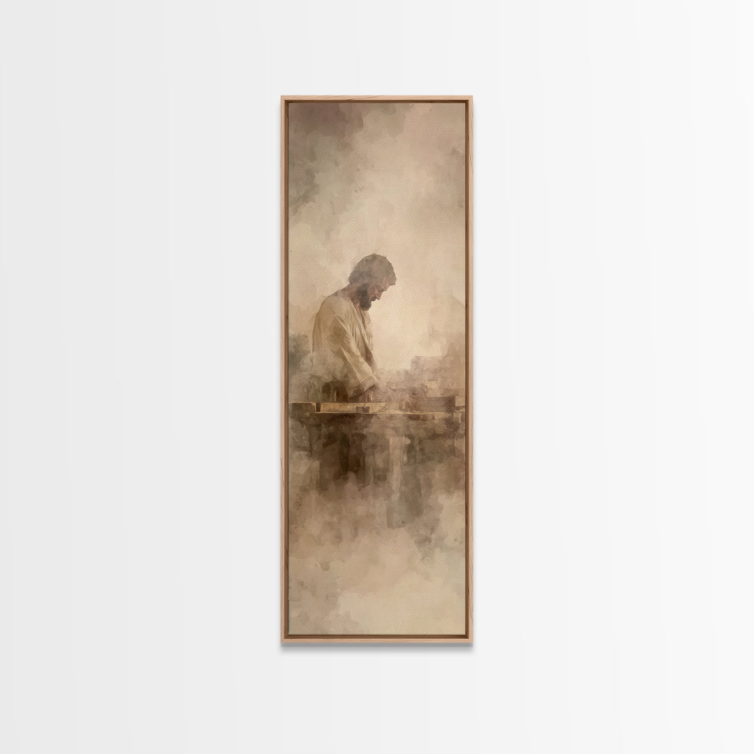 Quiet Carpenter Grace – Framed Canvas Print – Tall Skinny Art Print – Christian Art Canvas – Christian Painting – Christian Wall Art – Mini