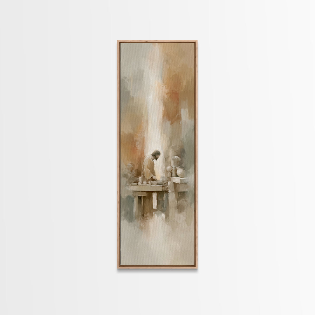 Carpenter’s Devotion, Framed Canvas Print, Tall Narrow Wall Art, Christian Wall Art, Christian Art Canvas, Jesus Painting, Christian Gift