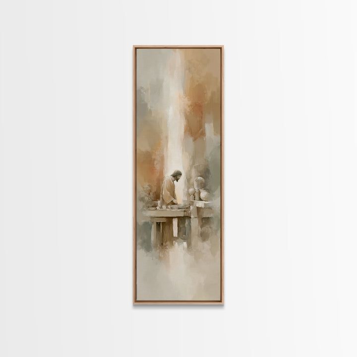 Carpenter’s Devotion, Framed Canvas Print, Tall Narrow Wall Art, Christian Wall Art, Christian Art Canvas, Jesus Painting, Christian Gift