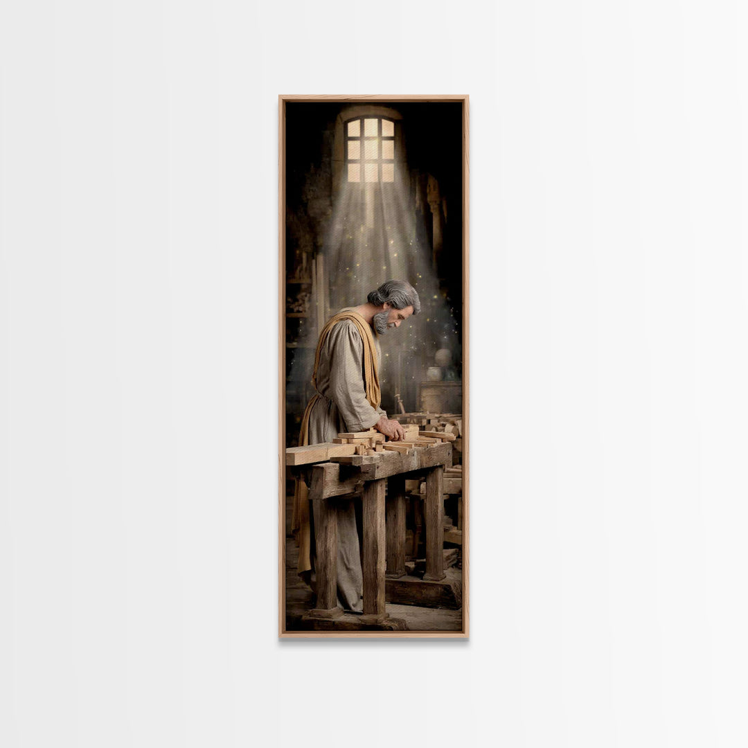 Heavenly Carpenter Grace – Framed Canvas Print – Tall Skinny Art Print – Christian Wall Art – Jesus Painting – Christian Art Canvas – Chris