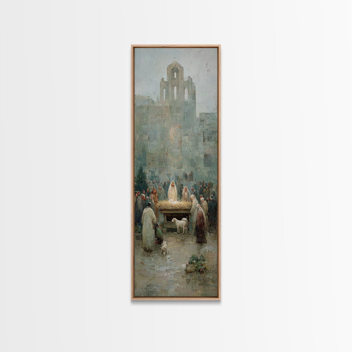 Nativity Town Gathering – Framed Canvas Print – Narrow Art – Christian Art Canvas – Christmas Art – Christian Wall Art – Christian Painting