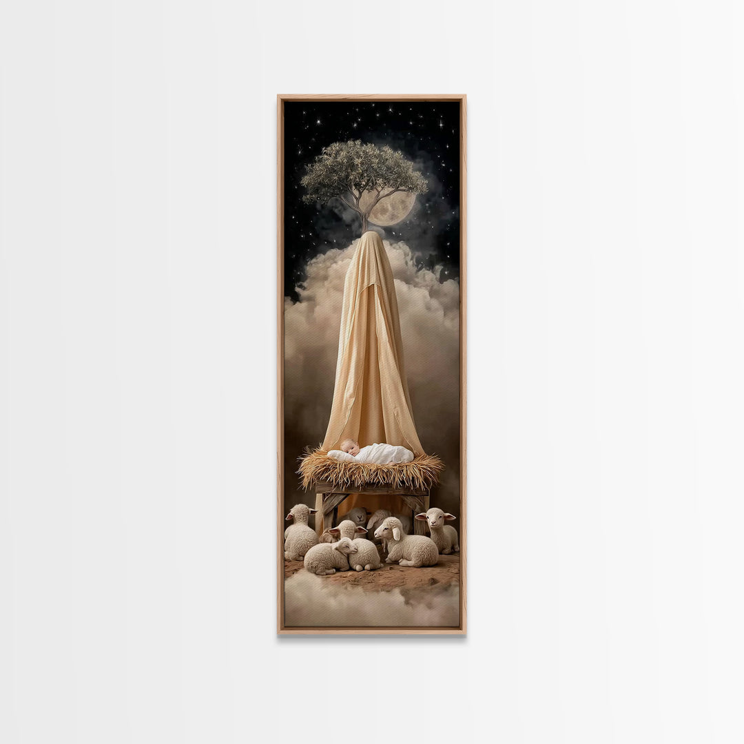 Midnight Manger Wonder – Framed Canvas Print – Skinny Art – Christmas Art – Christian Wall Art – Christian Art Canvas – Jesus Art Print – C