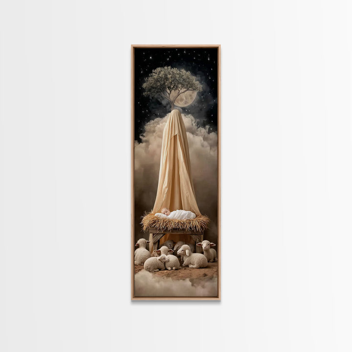 Midnight Manger Wonder – Framed Canvas Print – Skinny Art – Christmas Art – Christian Wall Art – Christian Art Canvas – Jesus Art Print – C