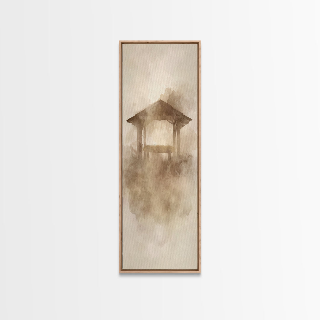 Sacred Manger Stillness – Framed Canvas Print – Tall Narrow Wall Art – Christian Art – Christian Wall Art – Christian Art Canvas – Christma