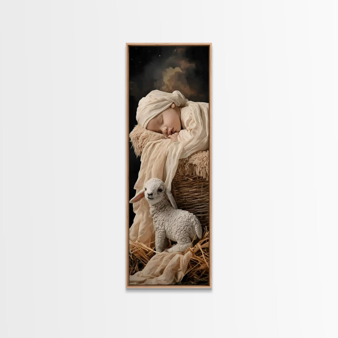 Tender Manger Peace – Framed Canvas Print – Christian Art Print – Christian Christmas Art – Jesus Painting – Narrow Art