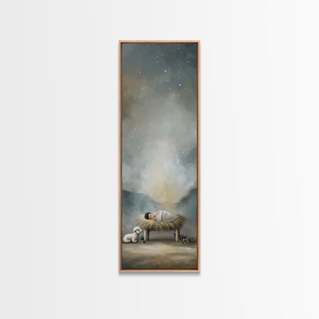 Divine Stable Glow – Framed Canvas Print – Christian Art – Jesus Painting – Christian Christmas Art – Tall Skinny Art Print