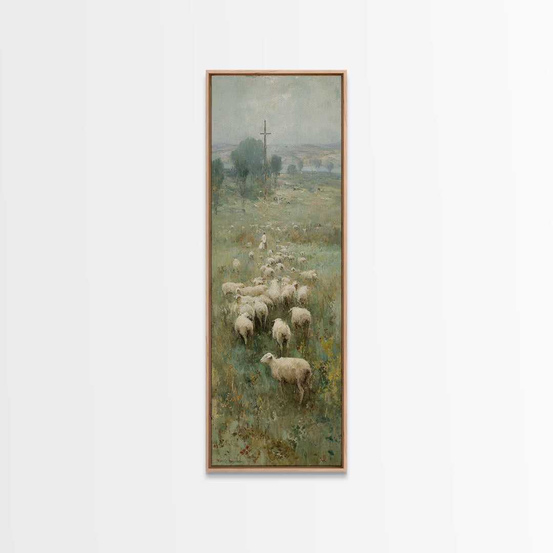 Field Of His Flock – Framed Canvas Print – Christian Art – Christian Wall Art – Christian Art Canvas – Jesus Painting – Narrow Art