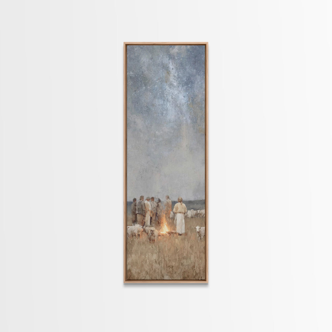 Shepherds By Firelight,Framed Canvas Print,Christian Wall Art,Tall Narrow Wall Art,Christian Paintings,Christmas Wall Art,Jesus Art Canvas