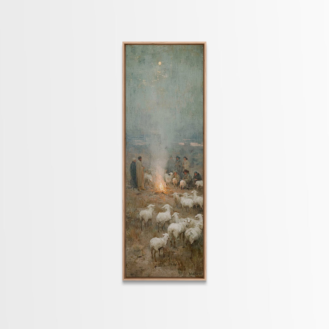 Moonlit Shepherd Circle | Framed Canvas Print | Christian Art Canvas | Christian Wall Art | Jesus Painting | Skinny Art | Christian Christm