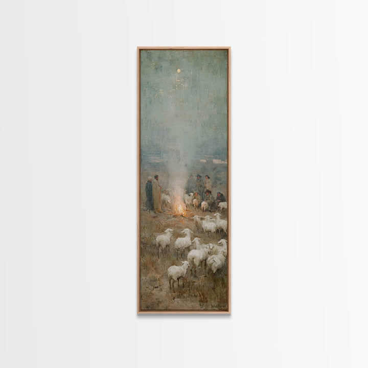 Moonlit Shepherd Circle | Framed Canvas Print | Christian Art Canvas | Christian Wall Art | Jesus Painting | Skinny Art | Christian Christm