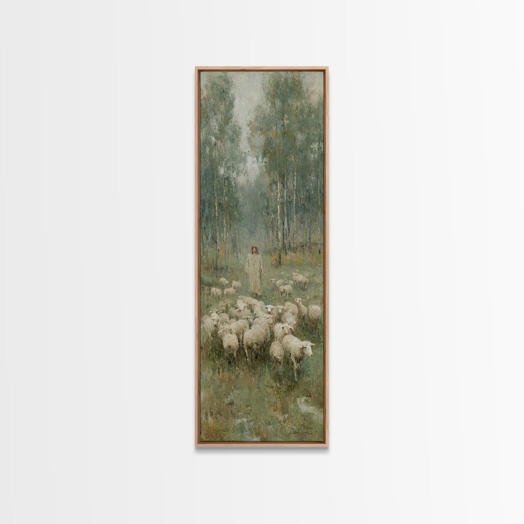 Pasture Serenity, Framed Canvas Print, Christian Art Canvas, Christian Wall Art, Tall Skinny Art Print, Jesus Painting, Christian Gift Idea