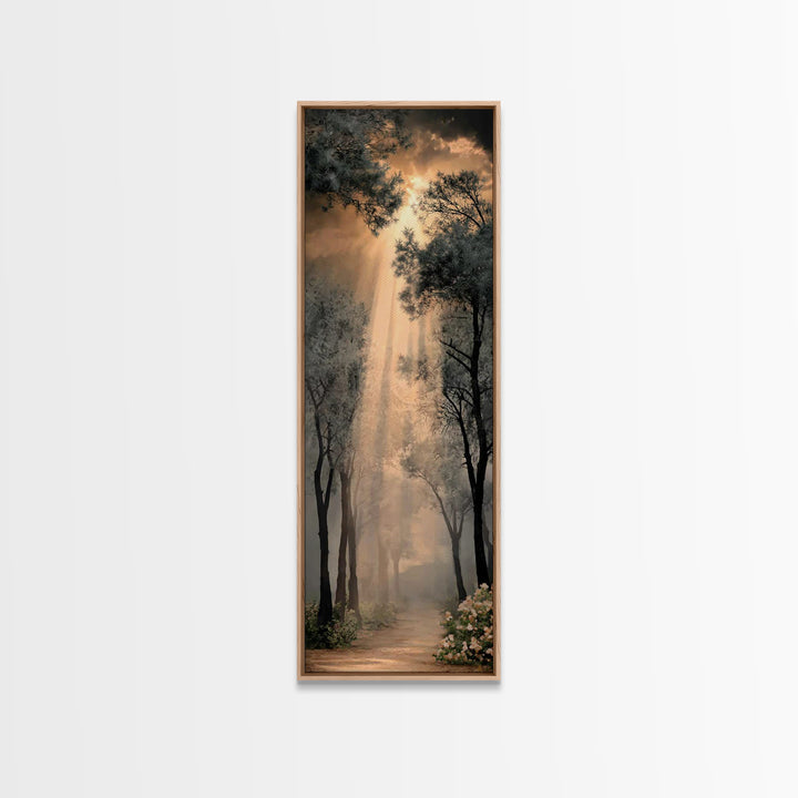 Radiant Forest Glow | Framed Canvas Print | Christian Wall Art | Christian Art Canvas | Tall Narrow Wall Art | Christian Art Print | Christ