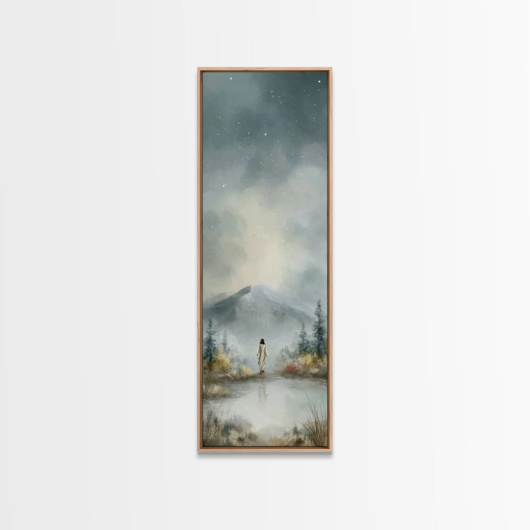 Heavenly Mountain Peace – Framed Canvas Print – Christian Art – Christmas Wall Art – Narrow Art – Jesus Painting