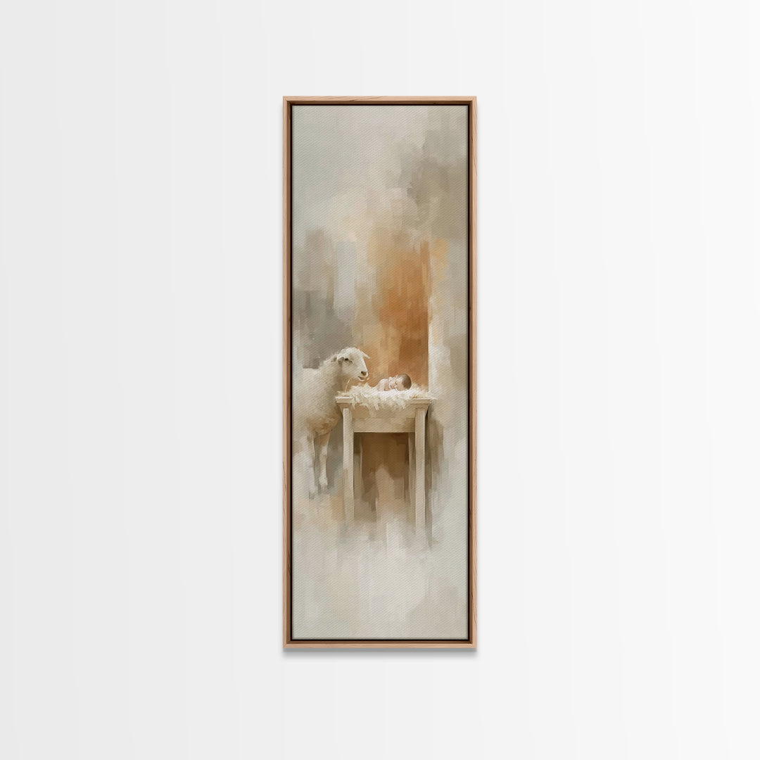 Gentle Manger Love, Framed Canvas Print, Christian Art Canvas, Jesus Painting, Tall Narrow Wall Art, Christian Christmas Art, Christian Wal