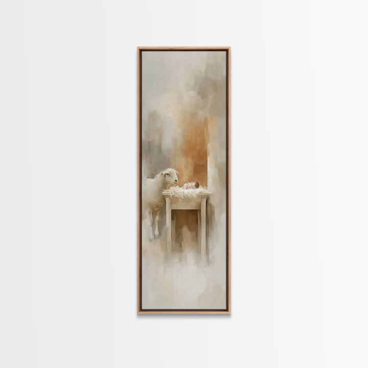 Gentle Manger Love, Framed Canvas Print, Christian Art Canvas, Jesus Painting, Tall Narrow Wall Art, Christian Christmas Art, Christian Wal