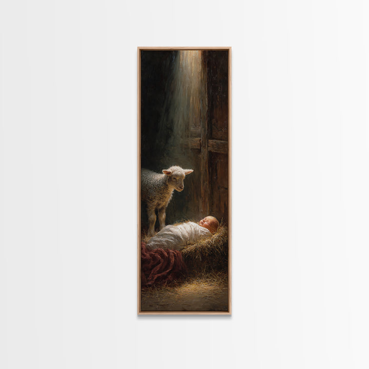 Holy Manger Light – Framed Canvas Print – Christian Wall Art – Christian Art Canvas – Jesus Painting – Tall Narrow Wall Art