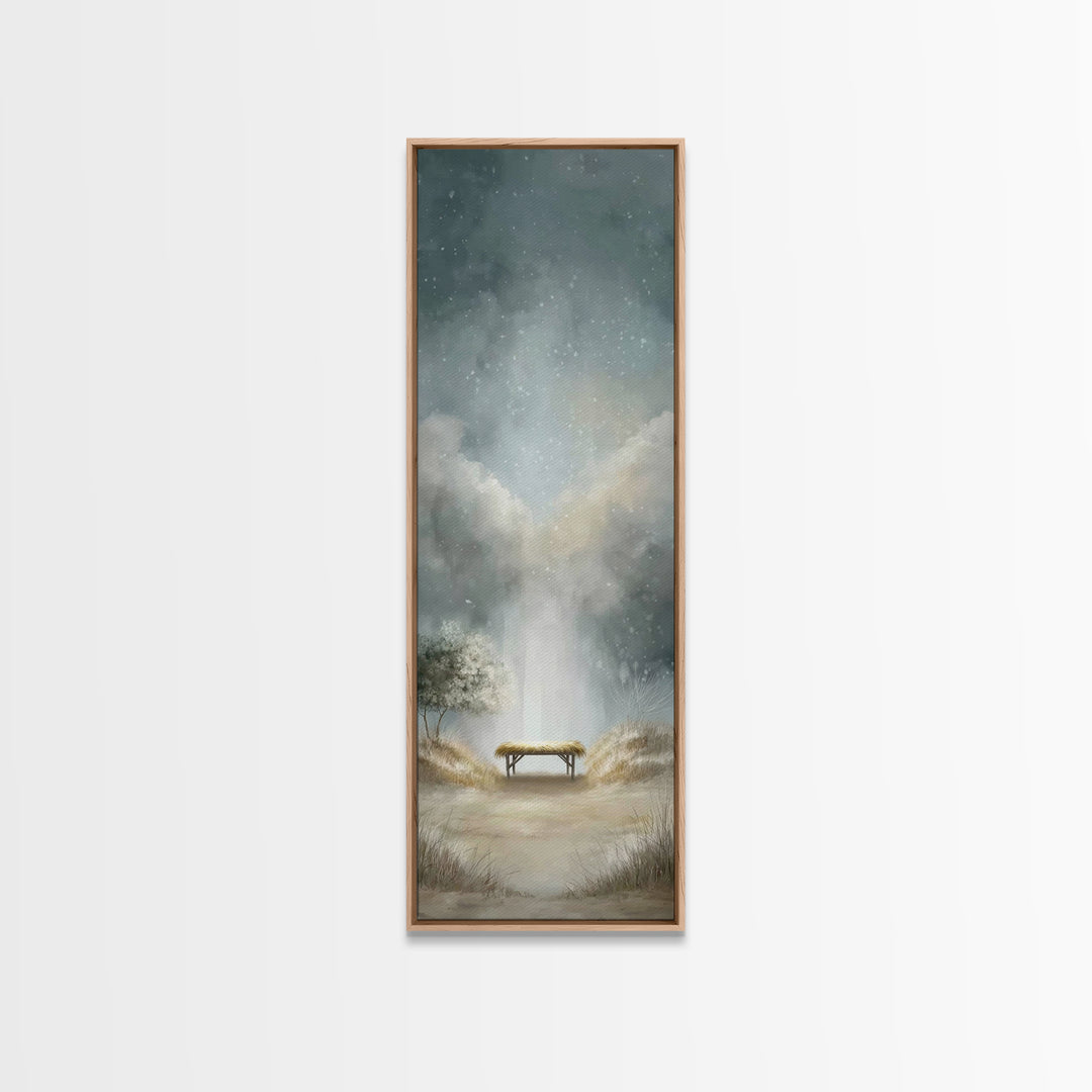 Winter Manger Light – Framed Canvas Print – Christmas Art – Christian Christmas Art – Christian Wall Art – Tall Narrow Wall Art
