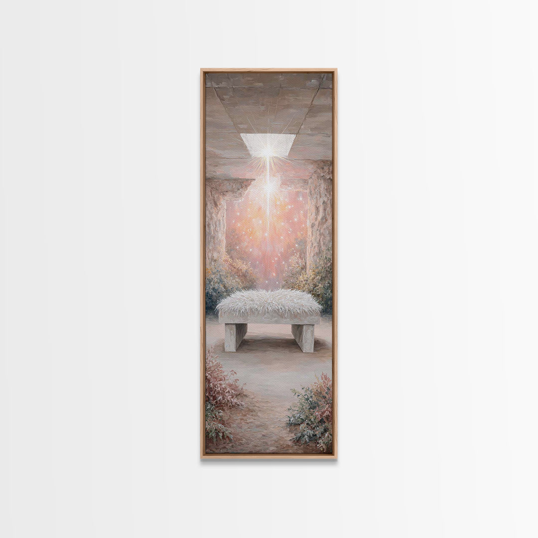 Holy Cradle Glow – Framed Canvas Print – Christian Wall Art – Christian Art Canvas – Christmas Art – Narrow Art