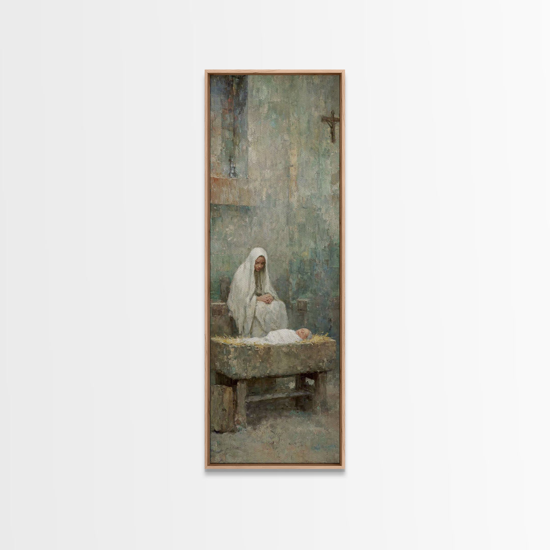 Mary’s Gentle Watch – Framed Canvas Print – Christian Art Canvas – Christian Wall Art – Christmas Art – Narrow Art