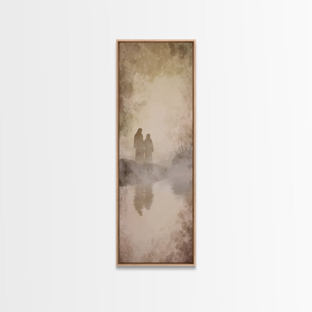 Quiet Morning Walk, Framed Canvas Print, Christian Art Print, Jesus Painting Canvas, Narrow Art, Christian Decor, Minimalist Christian Art,