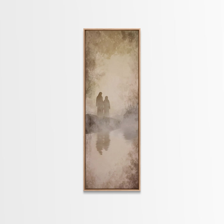 Quiet Morning Walk, Framed Canvas Print, Christian Art Print, Jesus Painting Canvas, Narrow Art, Christian Decor, Minimalist Christian Art,