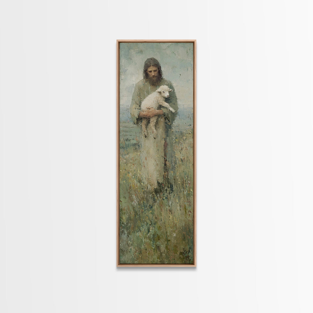 Shepherd’s Embrace, Framed Canvas Print, Jesus Painting, Christian Wall Art, Tall Narrow Wall Art, Christian Art Canvas, Christian Gift, Vi
