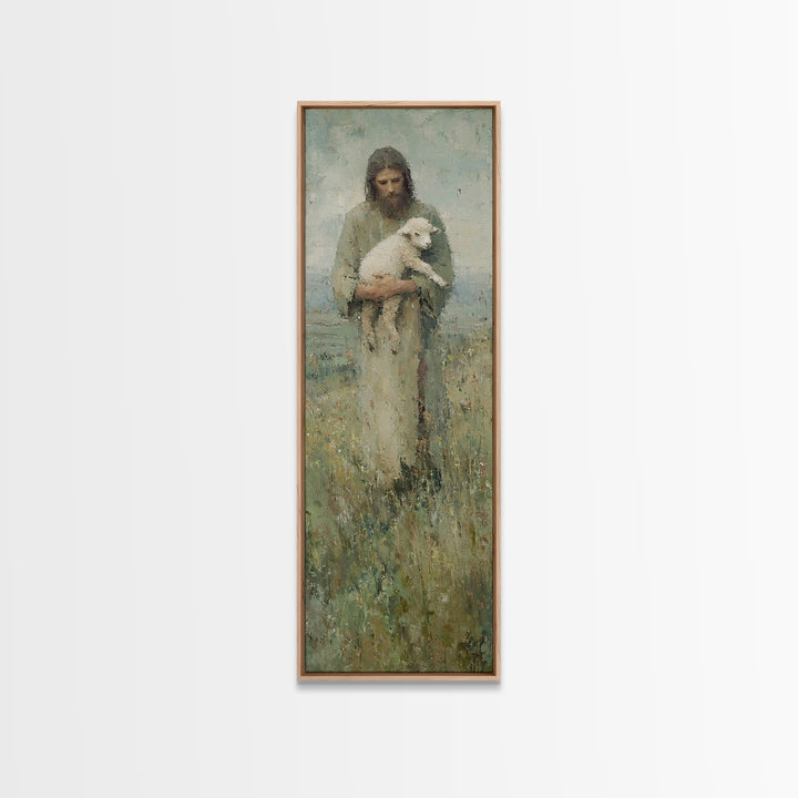 Shepherd’s Embrace, Framed Canvas Print, Jesus Painting, Christian Wall Art, Tall Narrow Wall Art, Christian Art Canvas, Christian Gift, Vi