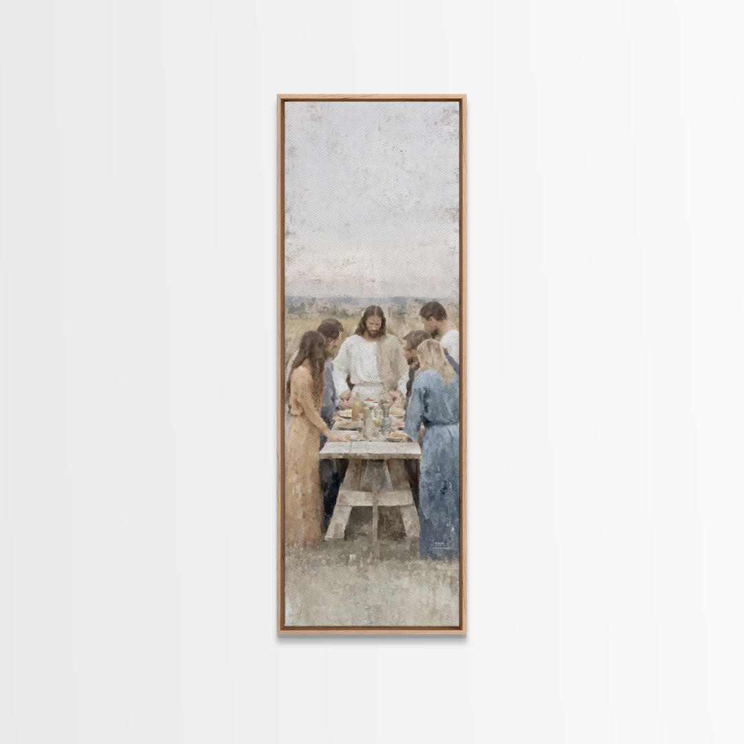 Breaking Bread Grace – Framed Canvas Print – Christian Art – Jesus Painting – Christian Wall Art – Tall Skinny Art Print – Christian Art Ca