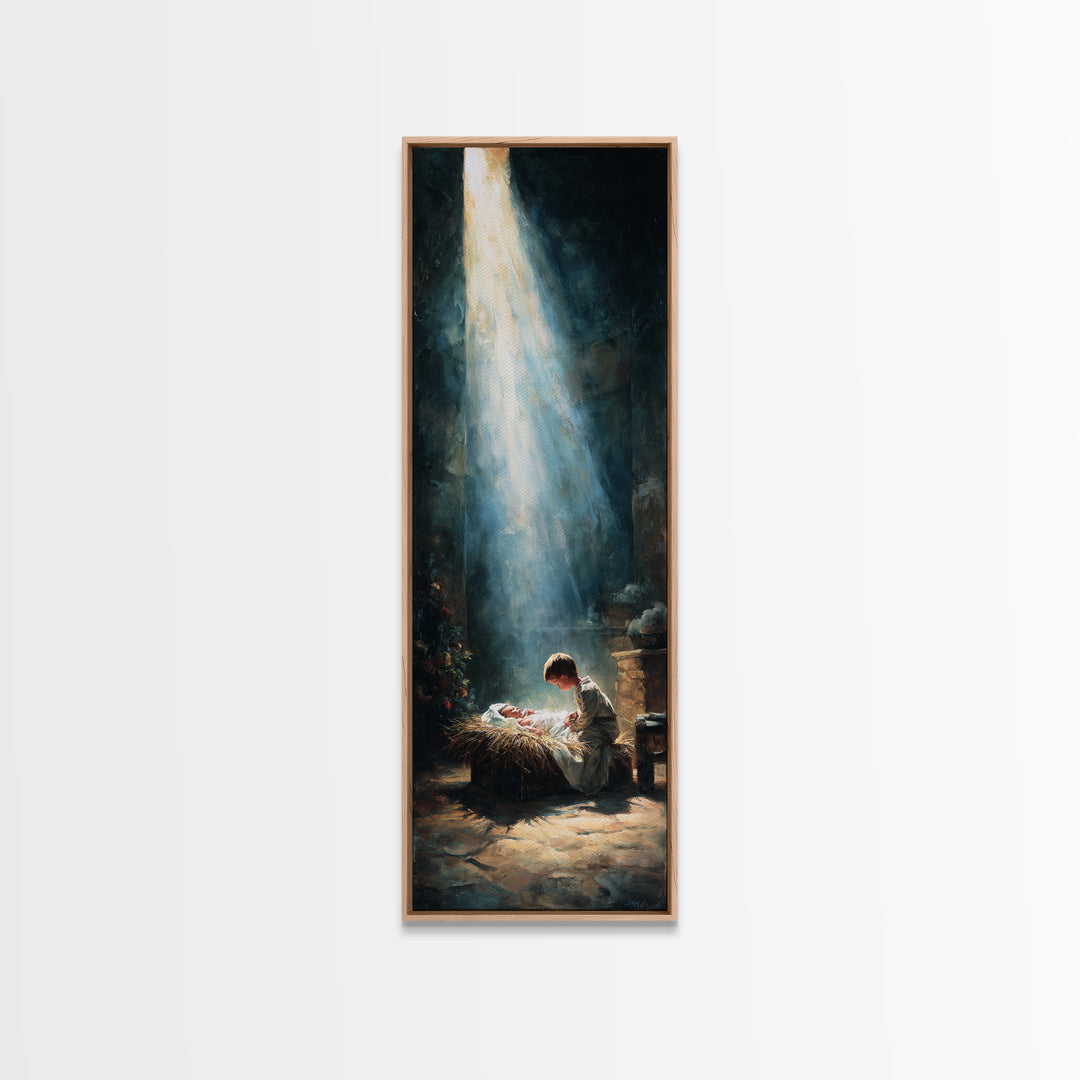 Radiant Nativity Peace – Framed Canvas Print – Christian Wall Art – Jesus Christmas Art – Christian Canvas – Narrow Art – Christian Gift –