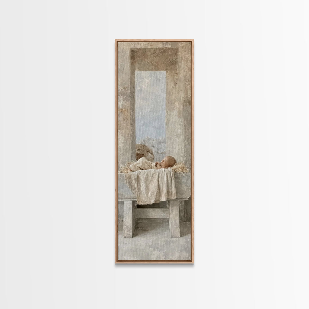 Sacred Infant Rest – Framed Canvas Print – Christian Art – Jesus Painting – Christian Christmas Art – Tall Skinny Art Print – Christian Wal