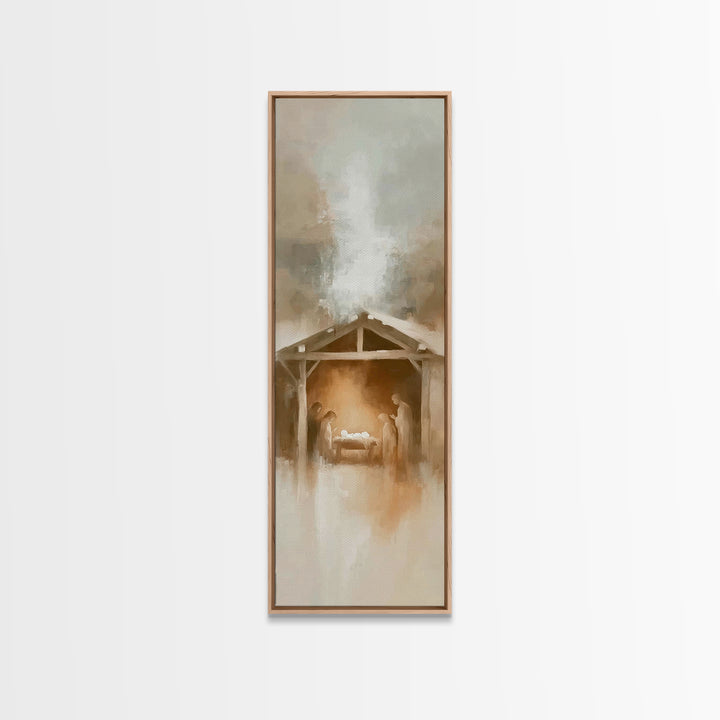 Manger Moon Night – Framed Canvas Print – Narrow Art – Christian Art Canvas – Christmas Art – Jesus Painting – Christian Christmas Art